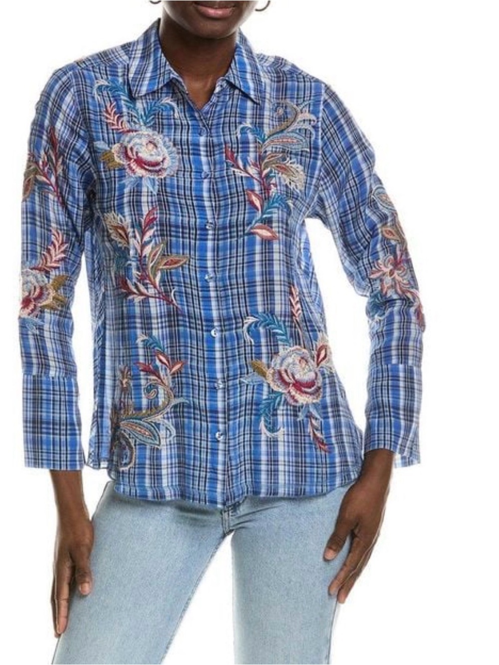 JOHNNY WAS Alexa Embroidered Plaid Button-Down Shirt | NWT $298
